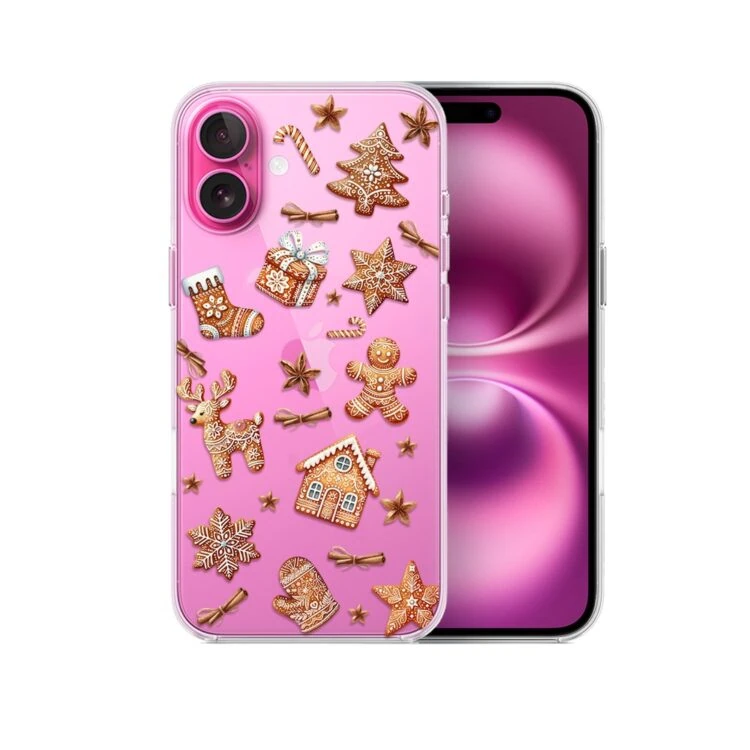 Etui do iPhone 16, magia pierniczków, przeźroczyste (1) Różowy smartfon z bożonarodzeniowymi ozdobami.