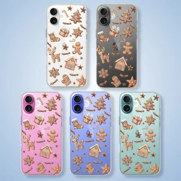 Etui do iPhone 16, magia pierniczków, przeźroczyste (5) Etui na telefon z piernikowym wzorem.