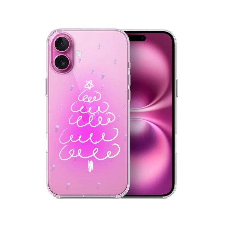 Etui do iPhone 16 malowana choinka na różowym świetle, przeźroczyste (2) Różowy smartphone z grafiką choinki.