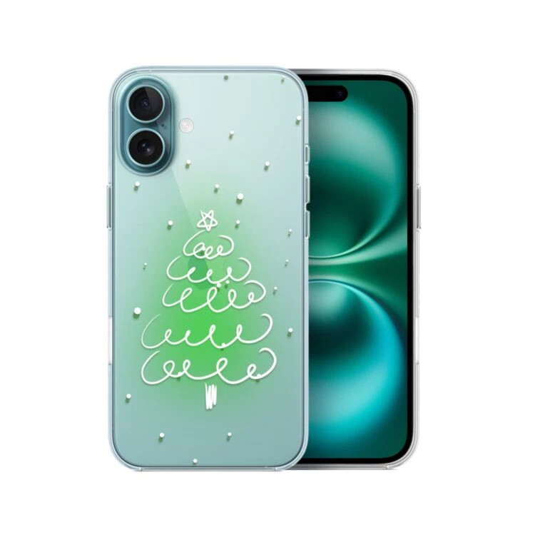 Etui do iPhone 16 malowana choinka na zielonym świetle, przeźroczyste (3) Smartfon z bożonarodzeniowym motywem na tylnej obudowie.