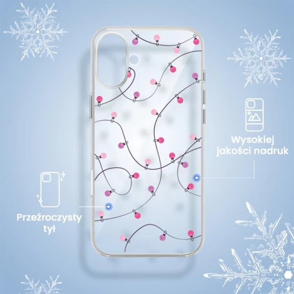 Etui na telefon z wzorem światełek i płatków śniegu.