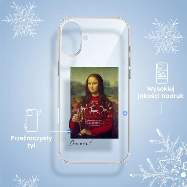 Etui na telefon z Moną Lisą w świątecznym swetrze.