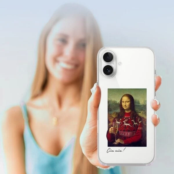 Kobieta z telefonem z obrazem Mona Lisy.