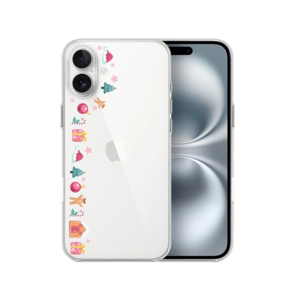 Etui do iPhone 16, świąteczne ozdoby, przeźroczyste (2) iPhone z kolorowymi naklejkami i podwójnym aparatem.