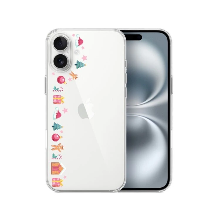 Etui do iPhone 16, świąteczne ozdoby, przeźroczyste (2) iPhone z kolorowymi naklejkami i podwójnym aparatem.
