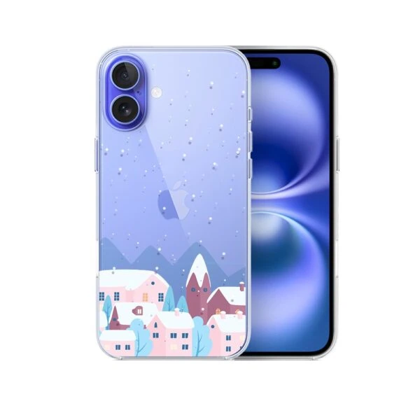 Etui do iPhone 16, zimowa osada, przeźroczyste (2) Nowoczesny smartfon z uroczym, zimowym motywem.