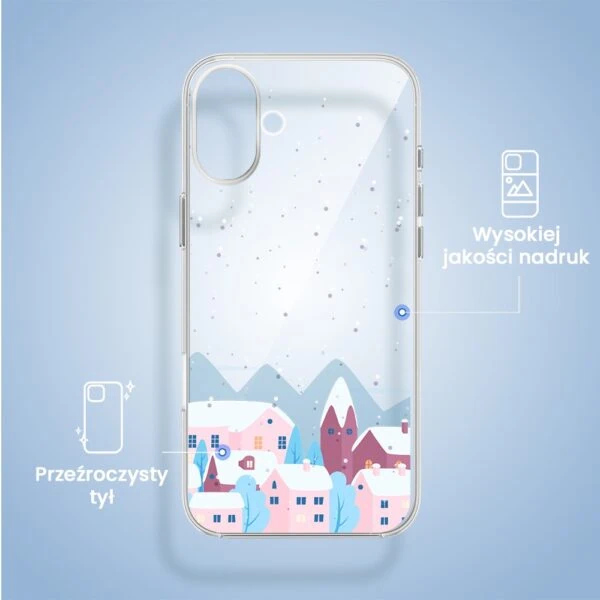 Etui do iPhone 16, zimowa osada, przeźroczyste (3) Etui na telefon z zimowym pejzażem miasteczka.
