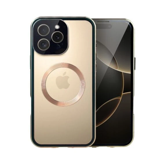 Złoty smartfon z potrójnym aparatem i logo firmy.