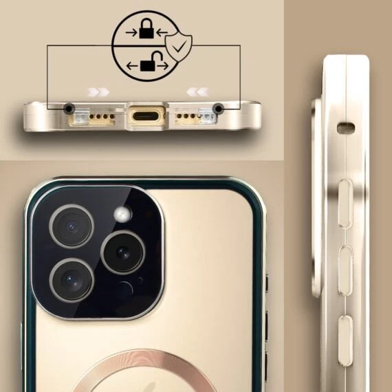 Złoty smartfon, szczegóły kamery i złącza.