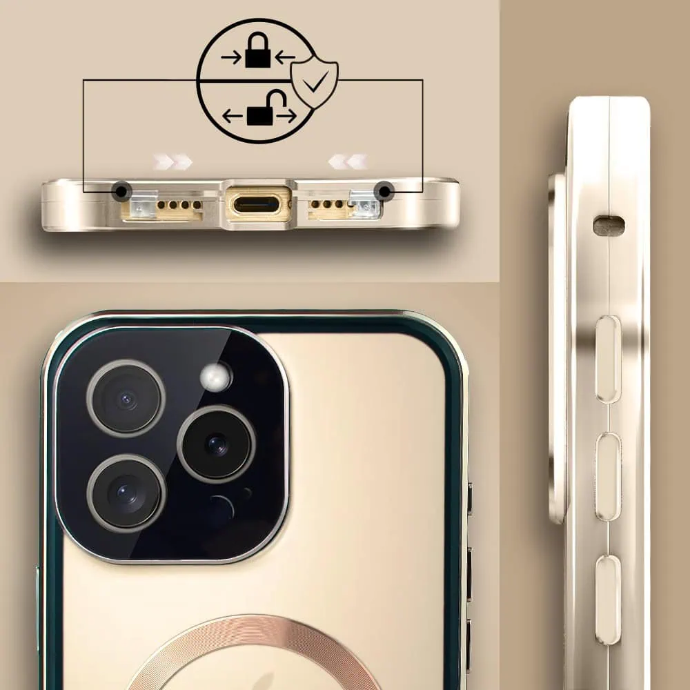 Obudowa-do-iPhone-16-Pro-podwojna-szyba-i-aluminium-360°-przod-tyl-magnetyczna-matowy-tyl-z-MagSafe-i-oslona-aparatu-tytan-pustynny-pop-9 Złoty smartfon, szczegóły kamery i złącza.