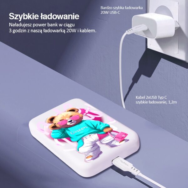 Ładowarka 20W USB-C i kabel, miś na power banku.