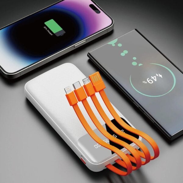 Telefon, powerbank i kable do ładowania.