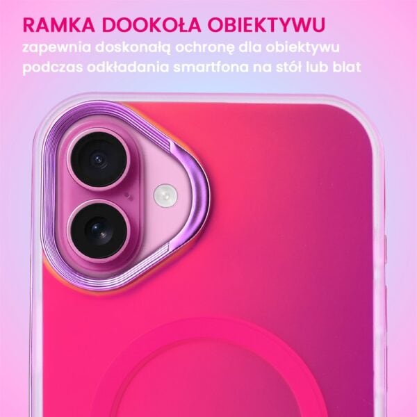 Różowy smartfon z podwójnym aparatem i ochronną ramką.