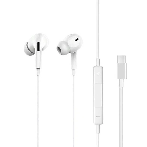 Białe słuchawki douszne z pilotem i złączem USB-C.