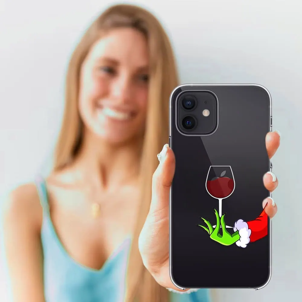 Etui do iPhone 11 zielony psotnik z lampką wina, przeźroczyste (4) Kobieta uśmiecha się trzymając telefon z etui.