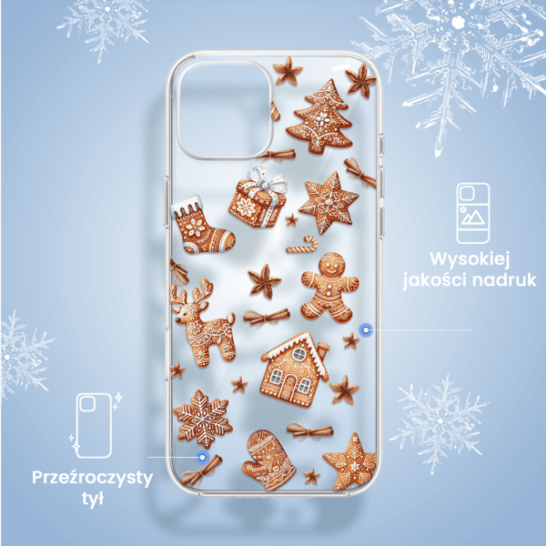 Etui do iPhone 13, magia pierniczków, przeźroczyste (2) Pokrowiec na telefon z piernikowym wzorem świątecznym.