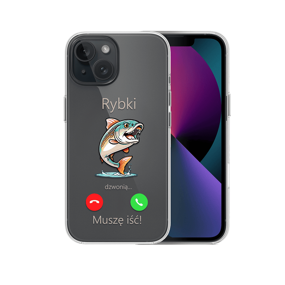 iPhone z naklejką ryby i ekranem połączenia.