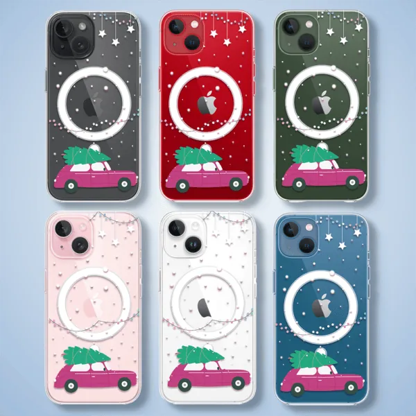 Etui na telefon z motywem świątecznym i samochodem.