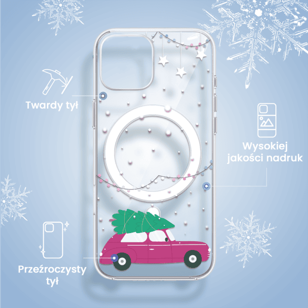 Etui na telefon z choinką i świątecznymi dekoracjami.