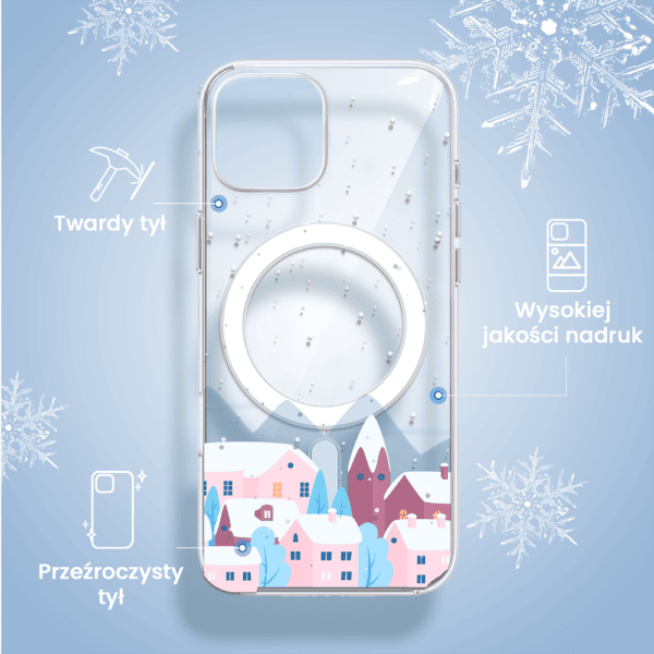 Etui na telefon z zimowym wzorem miasteczka.