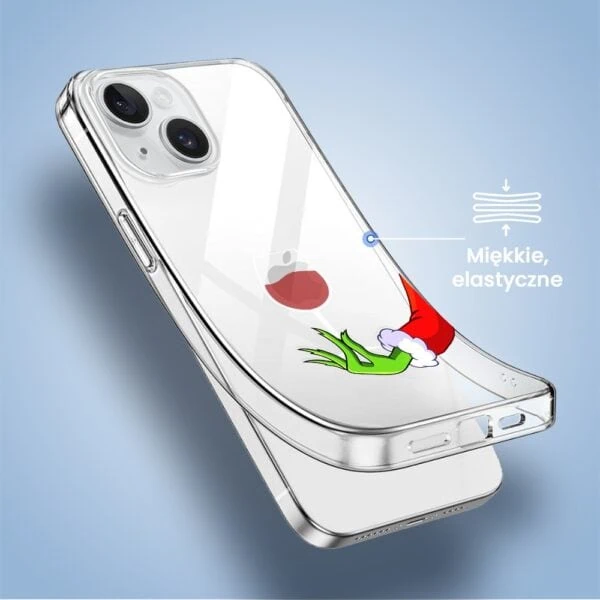 Etui do iPhone 13, zielony psotnik z lampką wina, przeźroczyste (1) Przezroczyste etui na iPhone z elastycznym materiałem.