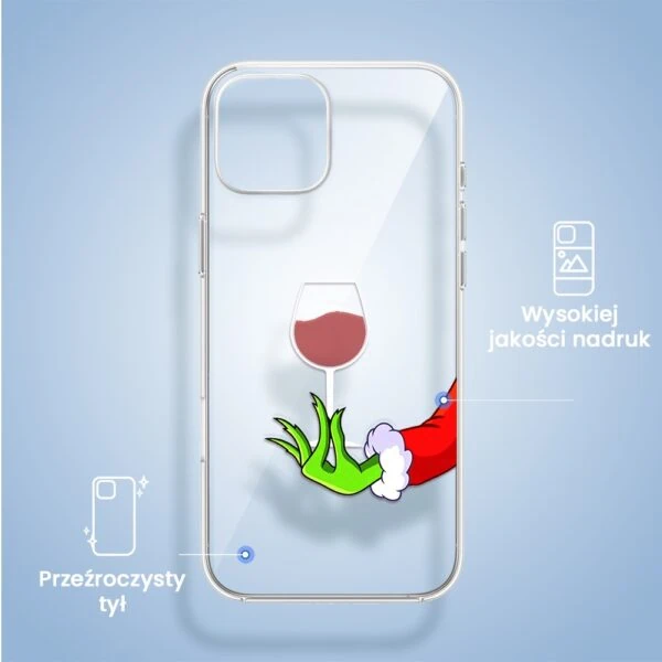 Etui do iPhone 13, zielony psotnik z lampką wina, przeźroczyste (2) Etui na telefon z kieliszkiem wina i krasnalem.