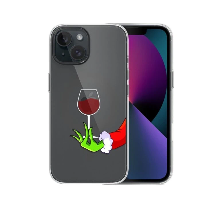 Etui do iPhone 13, zielony psotnik z lampką wina, przeźroczyste (6) iPhone z naklejką kieliszka wina.