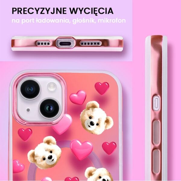 Etui do iPhone 14 MagSafe Bear With Me, Love Mood, miś i serduszka, głęboki mieniący się kolor, różowe ombre (7)