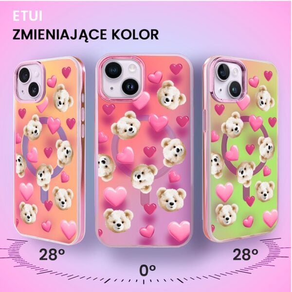 Etui do iPhone 14 MagSafe Bear With Me, Love Mood, miś i serduszka, głęboki mieniący się kolor, różowe ombre (8)