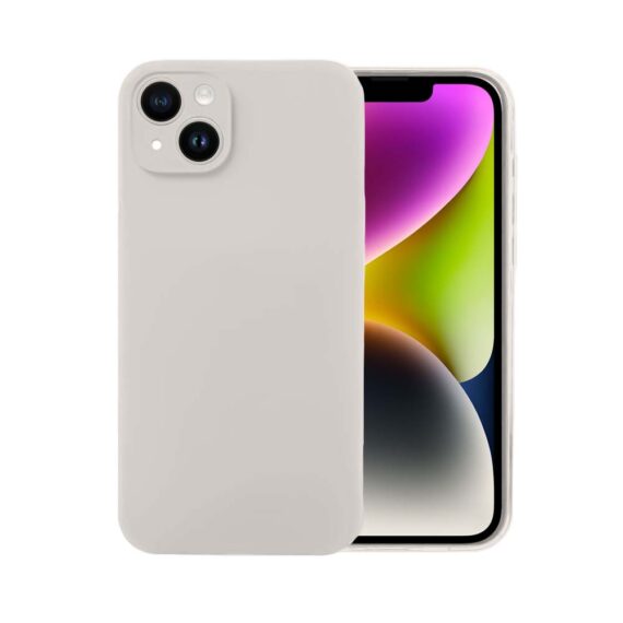 Etui do iPhone 14 Plus silikonowe z mikrofibrą soft touch z osłoną na aparat, kremowe - nowe (1)