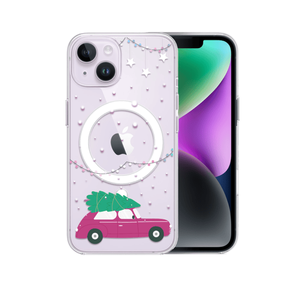 Etui na iPhone z różowym samochodem i światełkami.