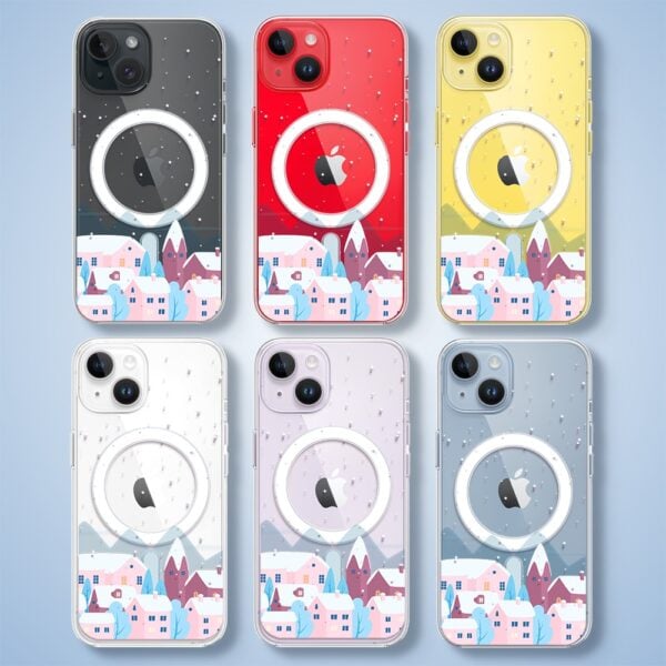 Etui na telefon z zimowym pejzażem i uchwytem.