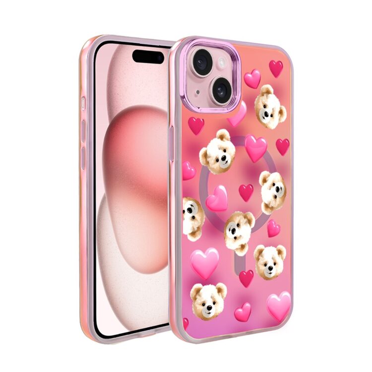 Etui do iPhone 15 MagSafe Bear With Me, Love Mood, miś i serduszka, głęboki mieniący się kolor, różowe ombre (1)