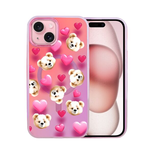 Etui do iPhone 15 MagSafe Bear With Me, Love Mood, miś i serduszka, głęboki mieniący się kolor, różowe ombre (2)