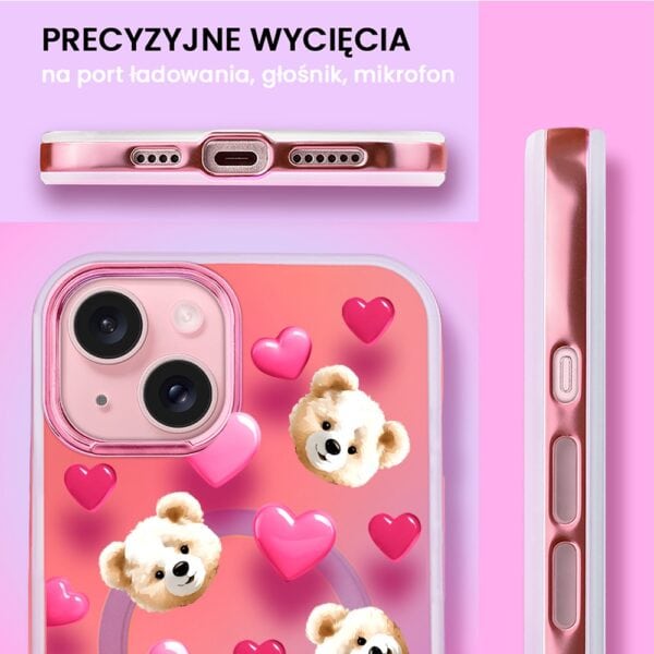 Etui do iPhone 15 MagSafe Bear With Me, Love Mood, miś i serduszka, głęboki mieniący się kolor, różowe ombre (7)