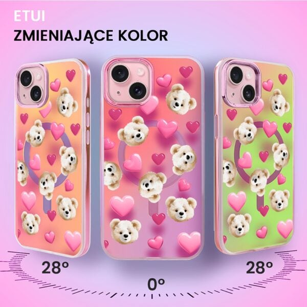 Etui do iPhone 15 MagSafe Bear With Me, Love Mood, miś i serduszka, głęboki mieniący się kolor, różowe ombre (8)
