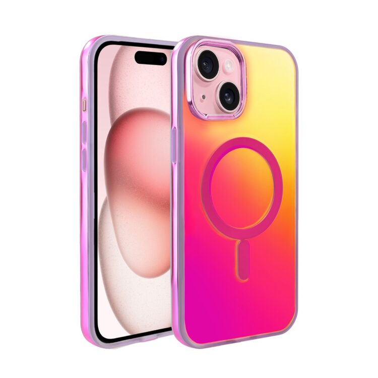 Różowy smartfon z kolorowym etui i magnetycznym uchwytem.