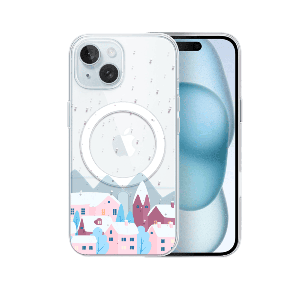 iPhone z przezroczystym etui i grafiką domków.