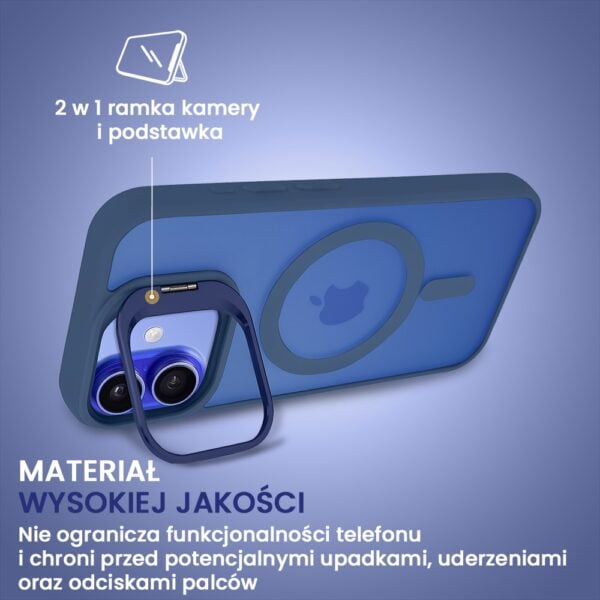 Niebieskie etui na iPhone z podstawką.