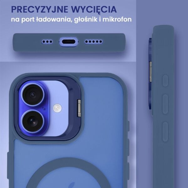 Niebieskie etui na smartfon z precyzyjnymi wycięciami.