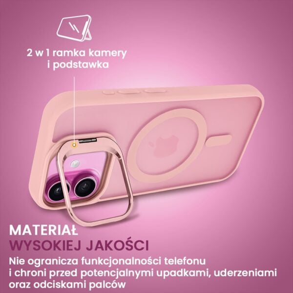 Różowe etui na telefon z podstawką i ochroną kamery.