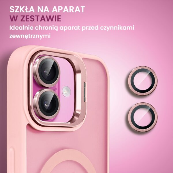 Różowe etui na telefon z ochronnymi szkłami na aparat.