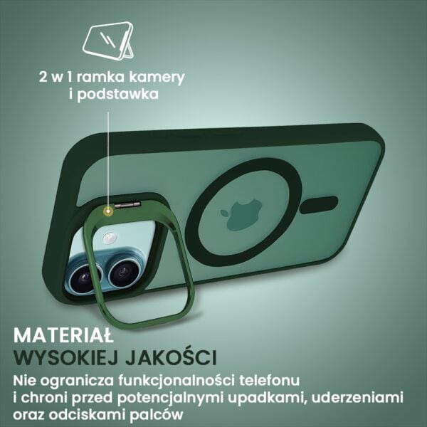 Etui do iPhone 16 Arctic Stand, półprzeźroczyste, z osłoną aparatu i podstawką, zielone (5)