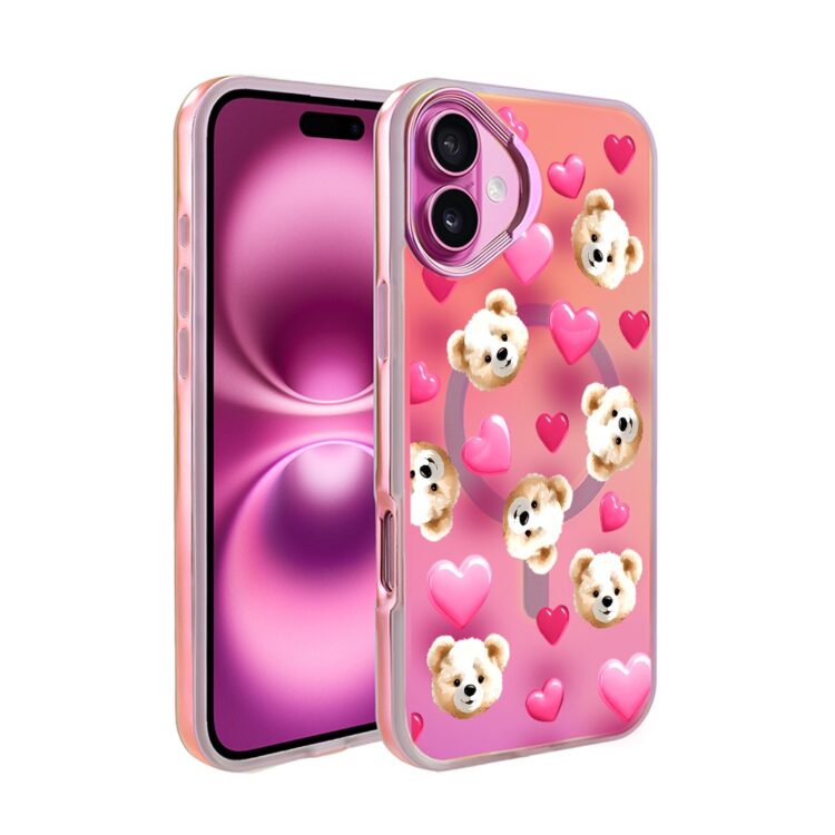 Etui do iPhone 16 MagSafe Bear With Me, Love Mood, miś i serduszka, głęboki mieniący się kolor, gorący różowy (1)