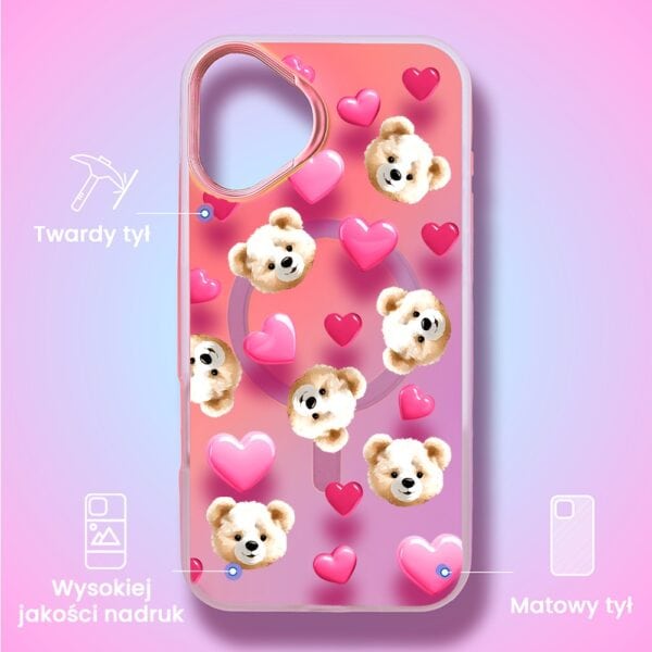 Etui do iPhone 16 MagSafe Bear With Me, Love Mood, miś i serduszka, głęboki mieniący się kolor, gorący różowy (3)