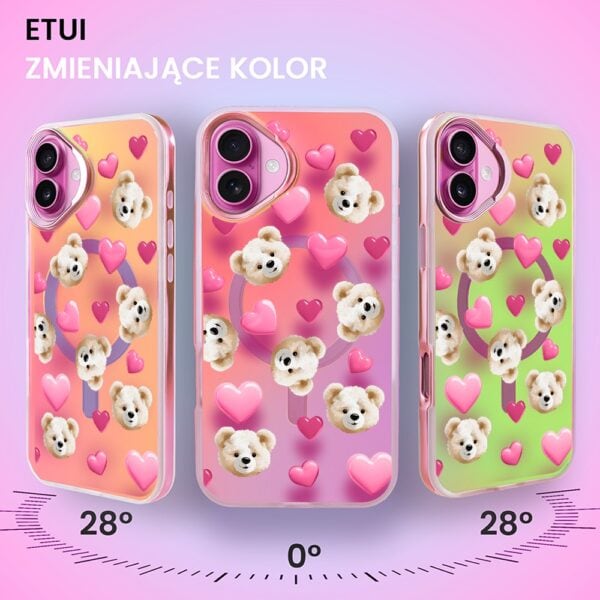 Etui do iPhone 16 MagSafe Bear With Me, Love Mood, miś i serduszka, głęboki mieniący się kolor, gorący różowy (8)