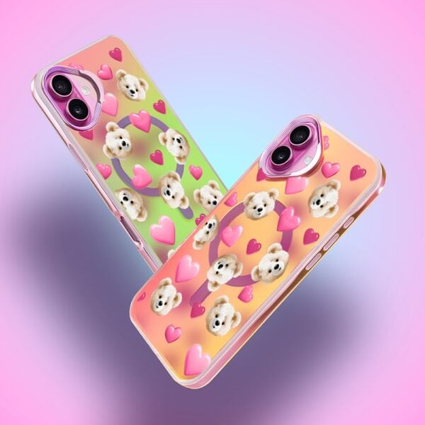 Etui do iPhone 16 MagSafe Bear With Me, Love Mood, miś i serduszka, głęboki mieniący się kolor, gorący różowy (9)