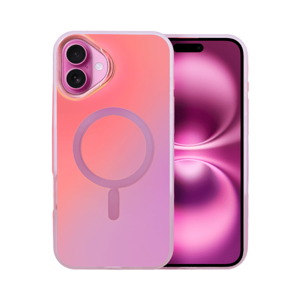iPhone z różowym gradientem i lupą.
