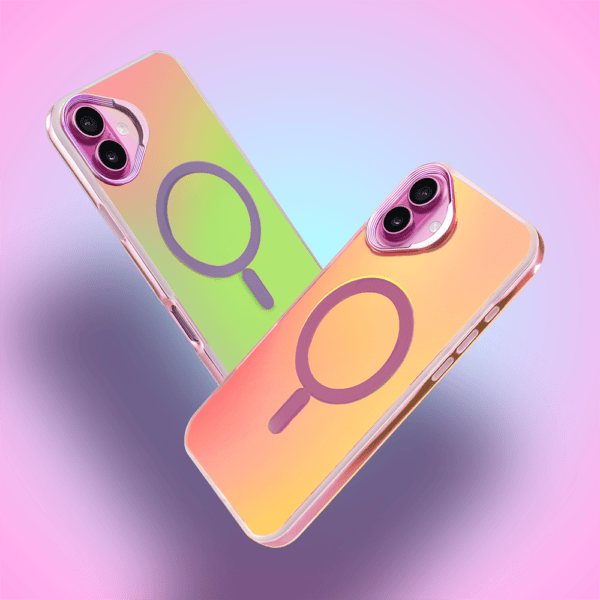 Dwa smartfony i ikony lupy, tło gradient.