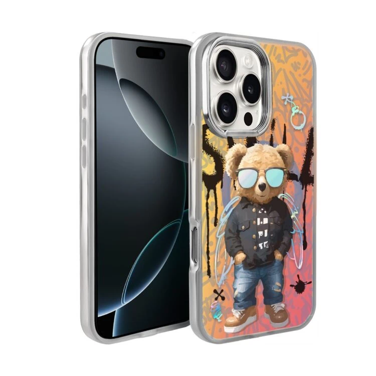 Etui do iPhone 16 Pro MagSafe Bear With Me, Graffiti Boy, artystyczny miś, opalizujący kolor i srebrne elementy (1)